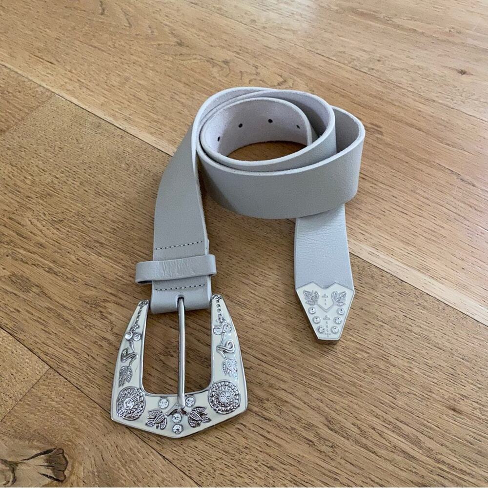 Love Strength Gray Leather Belt with Rhinestone Detailed Buckle